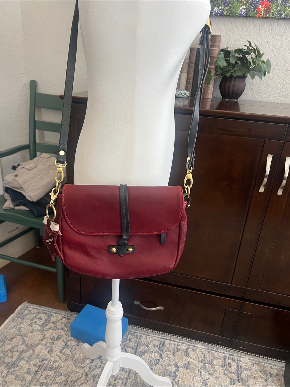 Coach Leather Burgundy Crossbody Bag with Black Strap